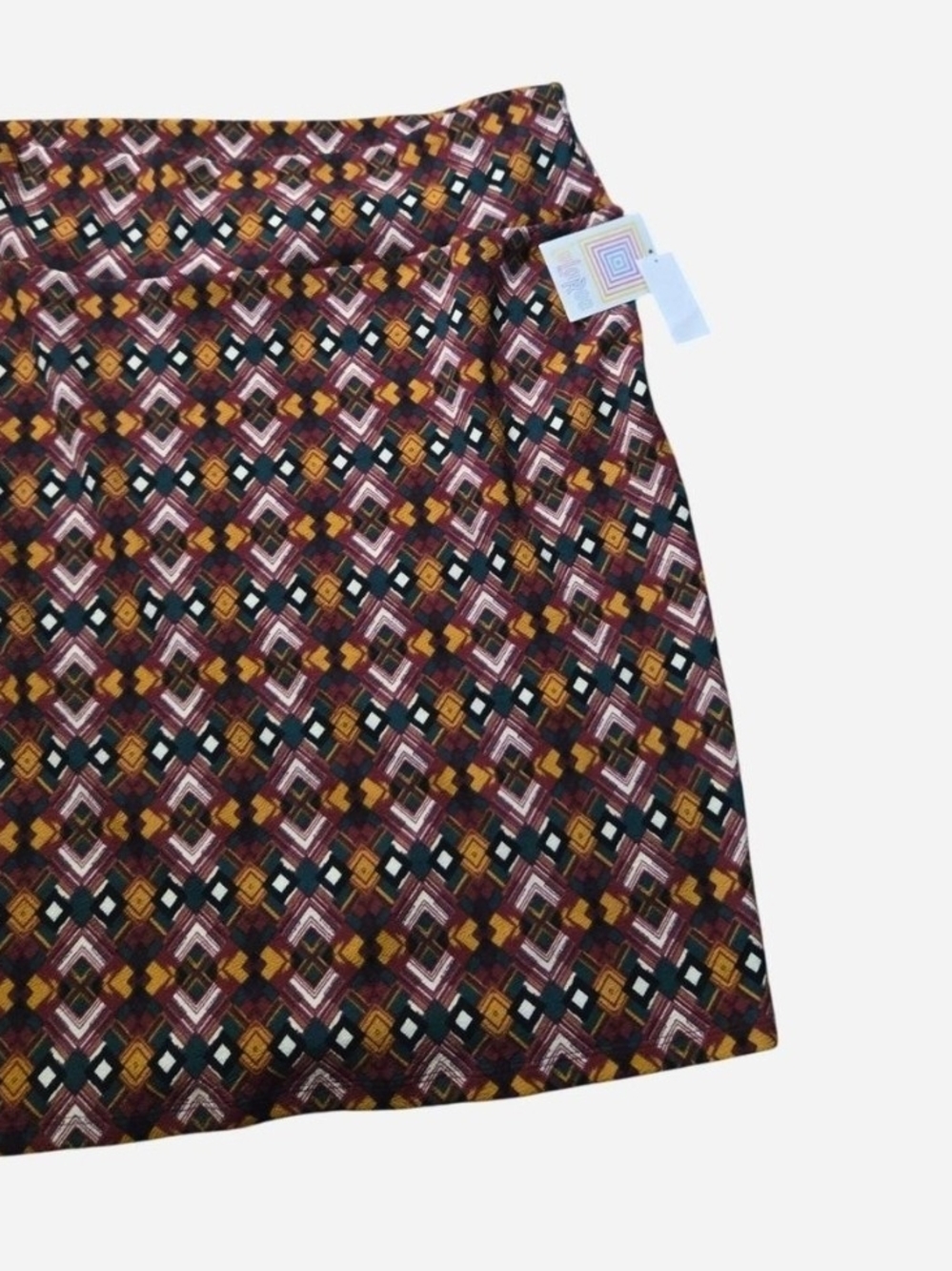 LuLaRoe Mini Skirt in Maroon, Mustard, Dark Green, Pink Geometric Print